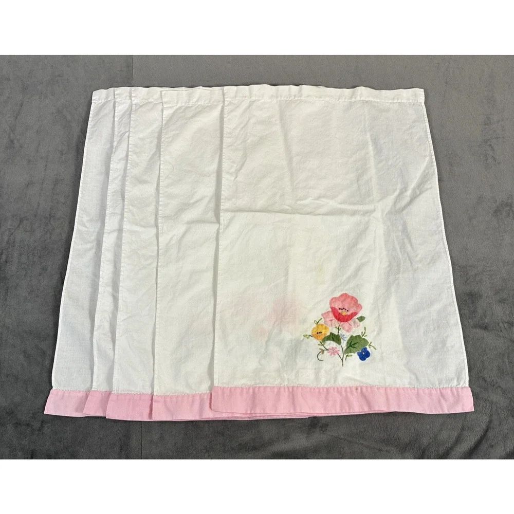 5 Vintage Floral Hand Embroidery Appliqué Cotton Guest Towels Pink Trim Charity